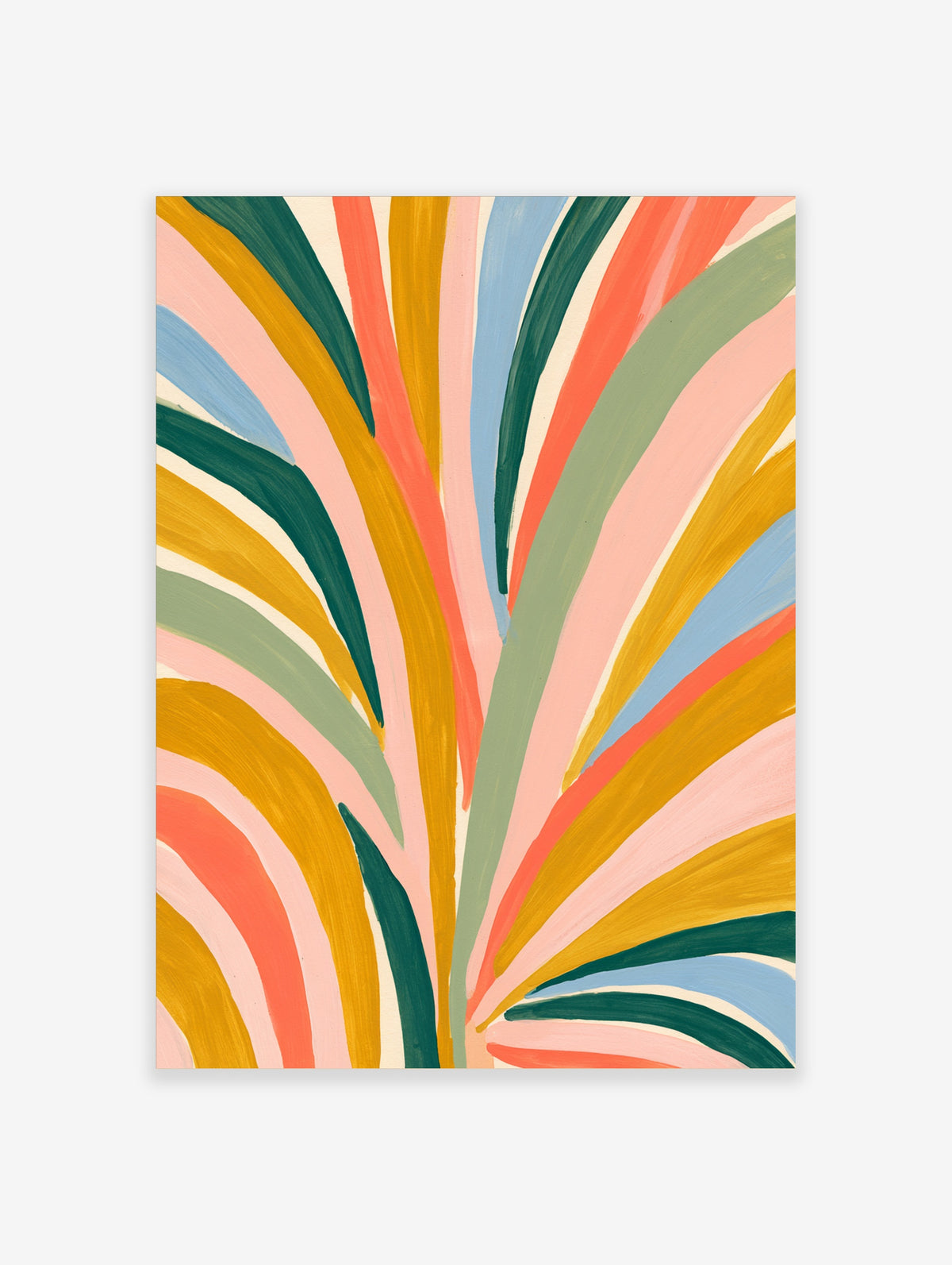 Abstract botanical art print with colourful painted leaf shapes in mustard, green, pink, and blue on cream background