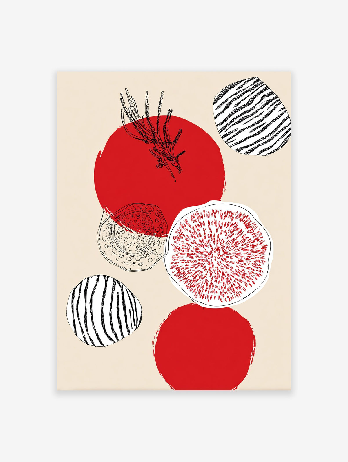 Modern wall art with abstract red circles, black line art of tomato and fig, and striped shapes on a light beige background.