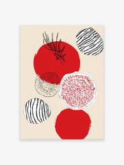 Modern wall art with abstract red circles, black line art of tomato and fig, and striped shapes on a light beige background.