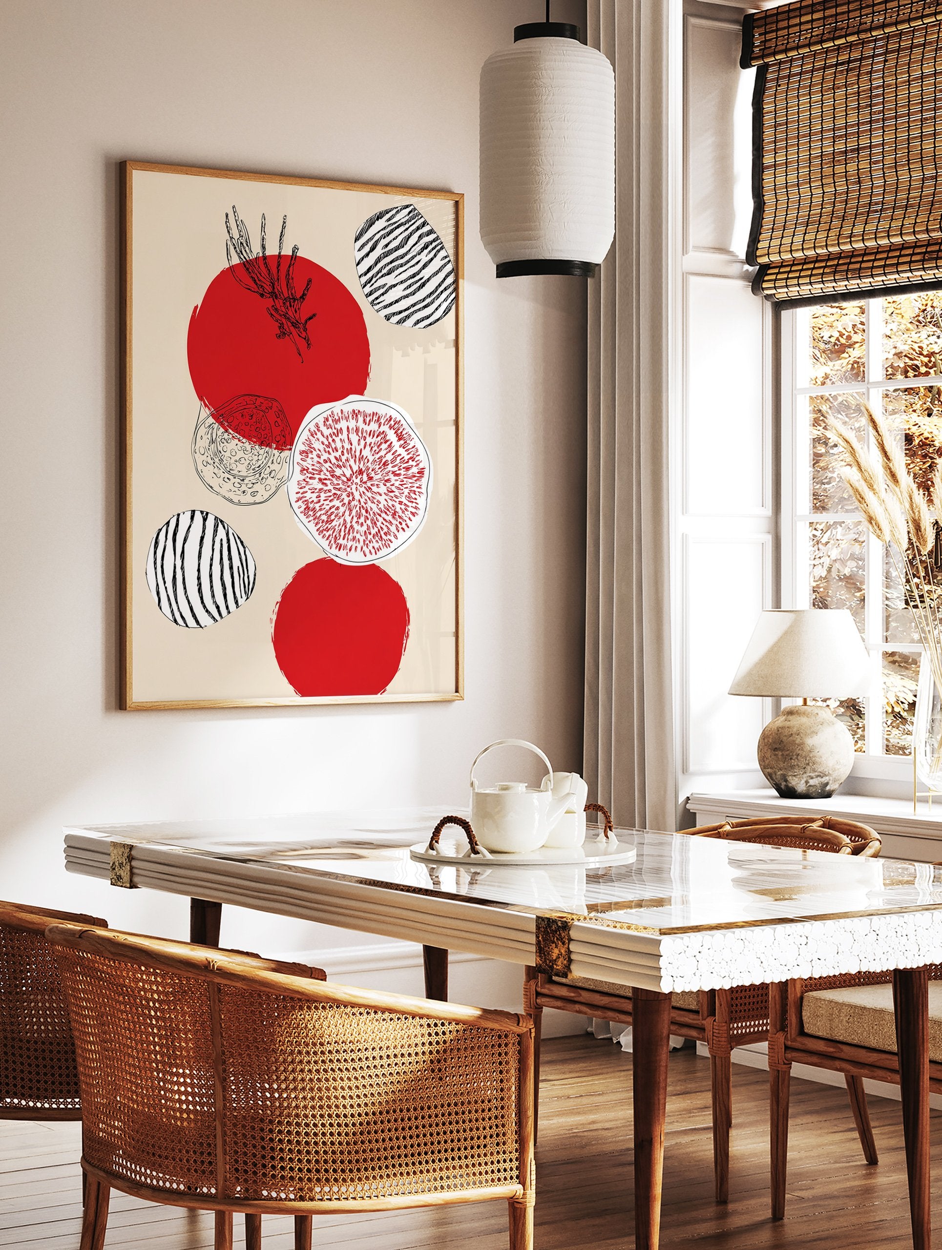 Modern wall art with abstract red circles, black line art of tomato and fig, and striped shapes on a light beige background. - Image 2