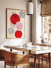 Modern wall art with abstract red circles, black line art of tomato and fig, and striped shapes on a light beige background. - Image 2