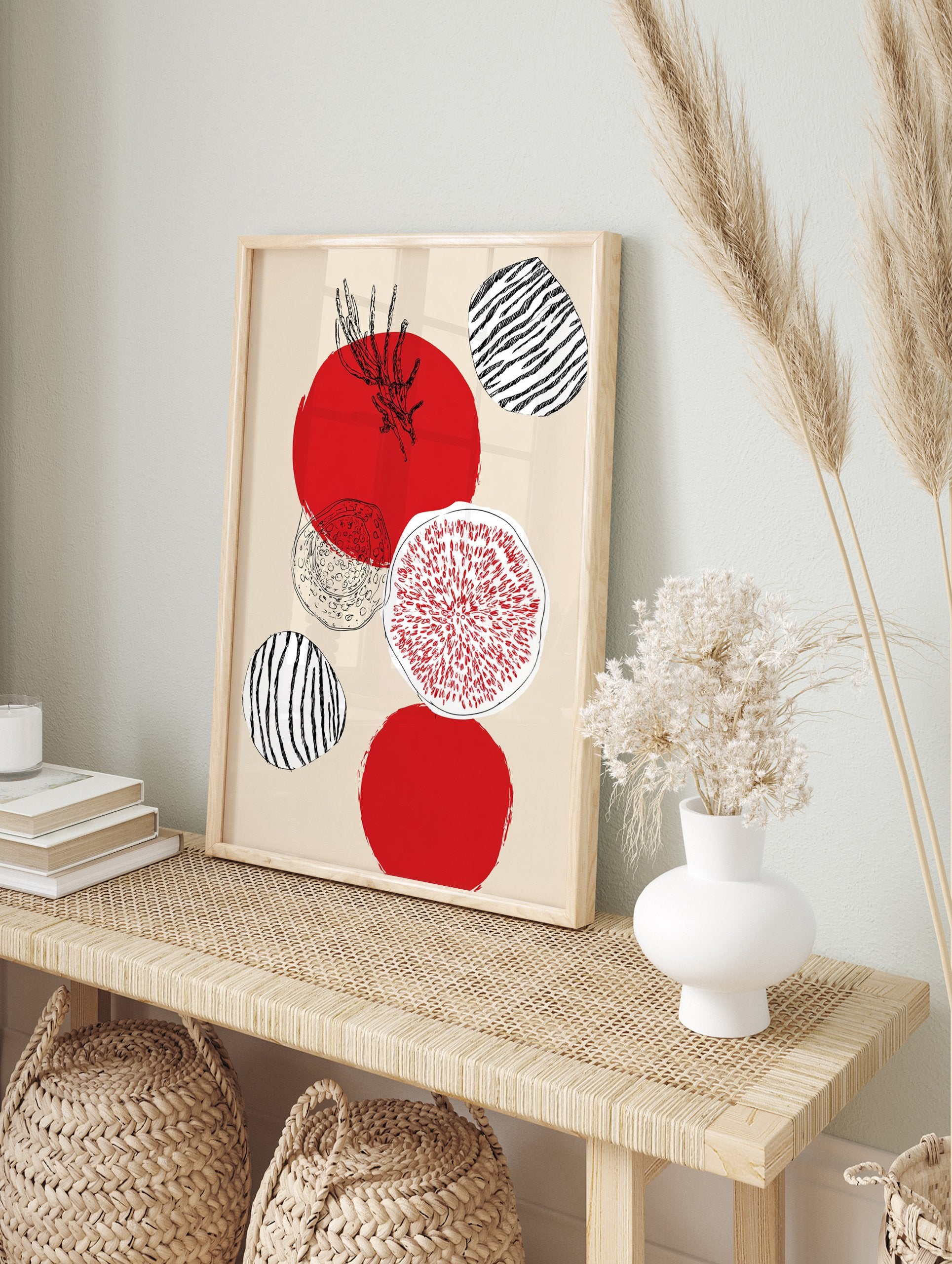 Modern wall art with abstract red circles, black line art of tomato and fig, and striped shapes on a light beige background. - Image 3