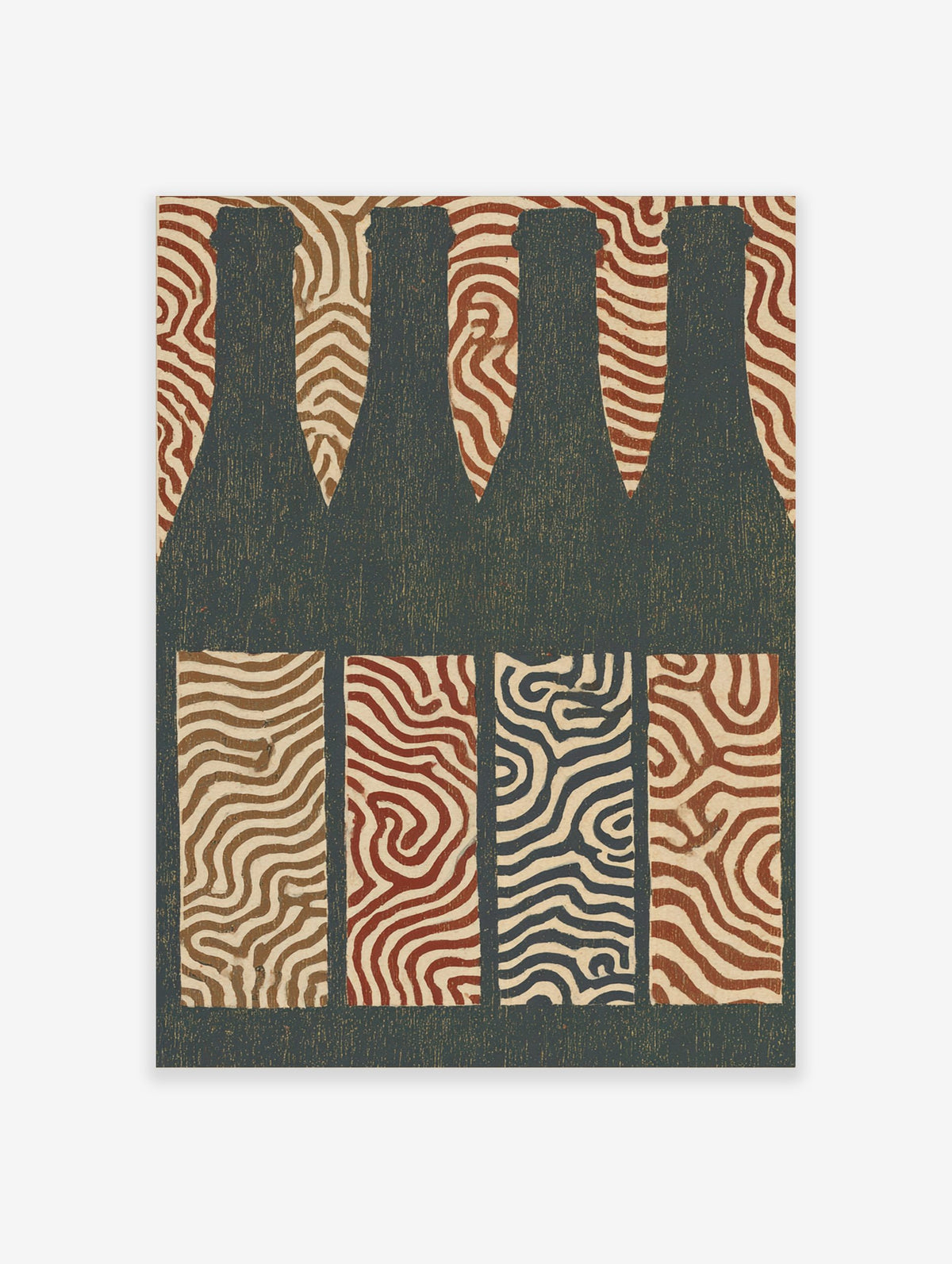 Abstract art print with dark teal bottle silhouettes and wavy patterns in red, beige, brown, and dark blue