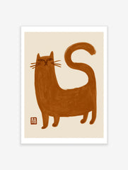 Minimalist brown cat illustration with brush-stroke texture and red seal on an off-white background art print