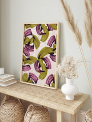Abstract wall art print with olive green and magenta sweeping brushstrokes on a light, in an alternate framed mockup