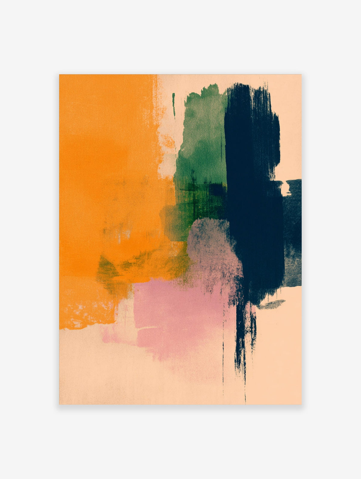 Abstract wall art with vertical brushstrokes in orange, green, navy blue, and pink on a light background