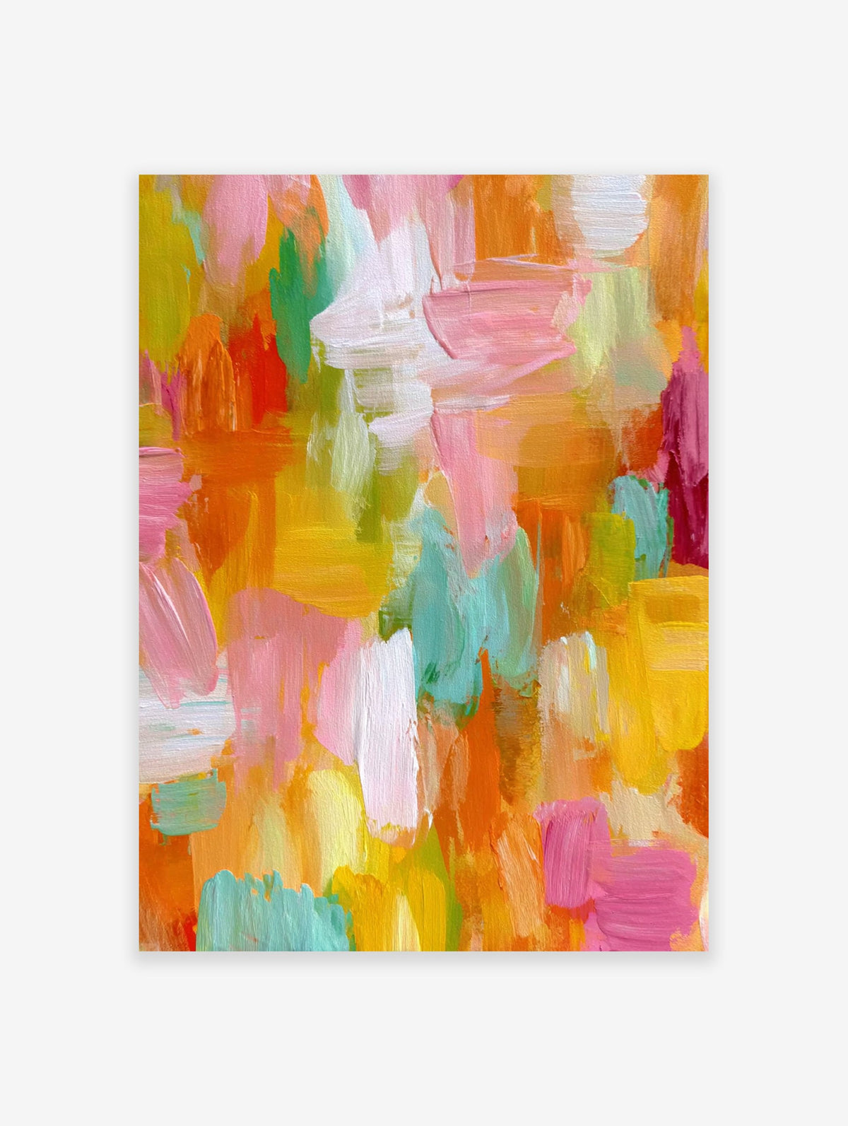 Vibrant abstract painting with bold, multi-color brushstrokes in pink, orange, yellow, green, and light blue.