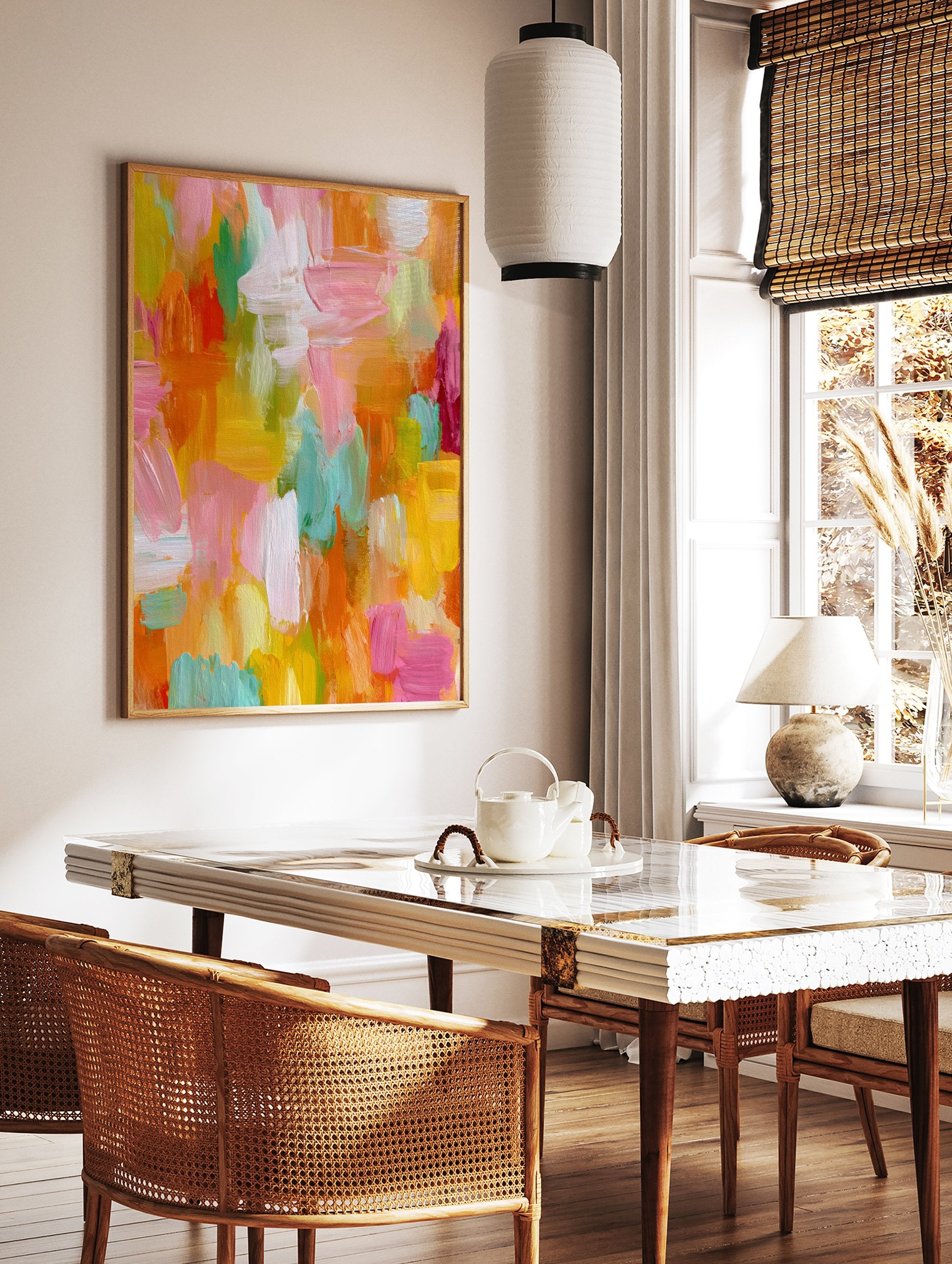 Vibrant abstract painting with bold, multi-color brushstrokes in pink, orange, yellow, green, and light blue. - Image 2