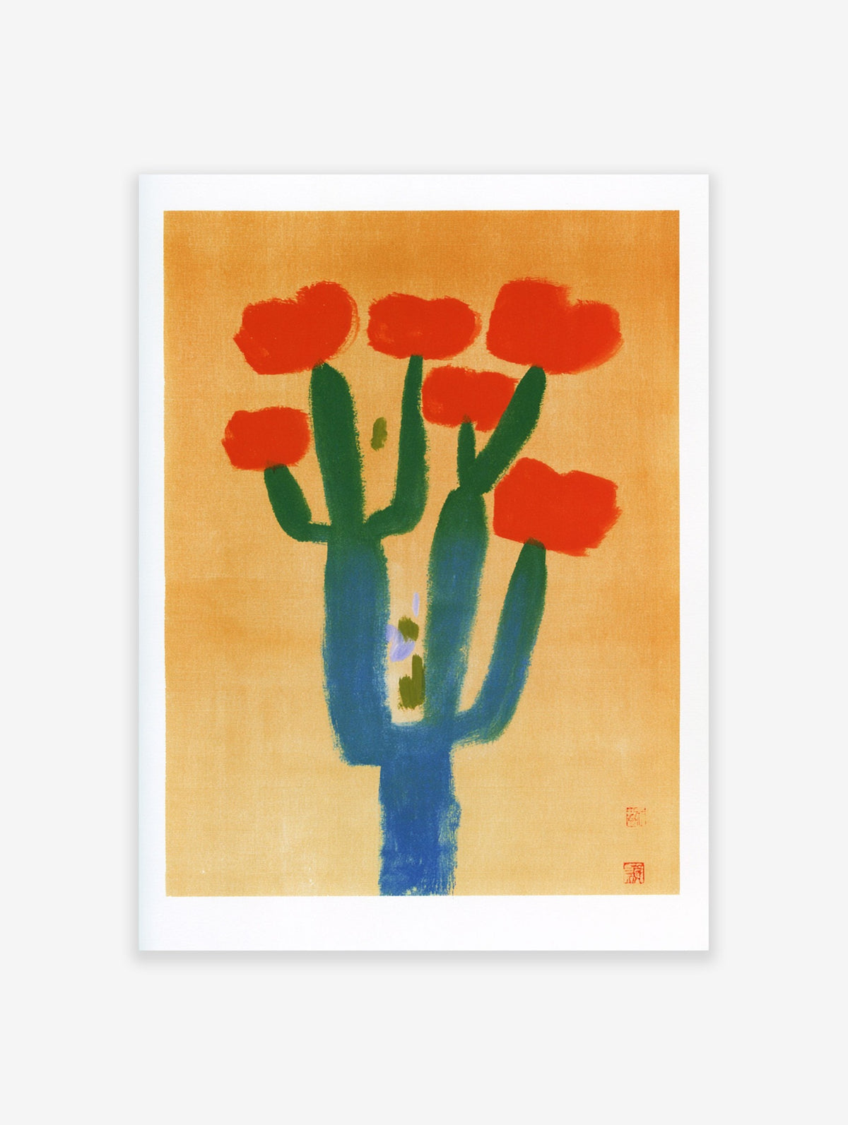 Abstract cactus wall art with blue stem and red flowers on a warm orange background as a botanical paper print