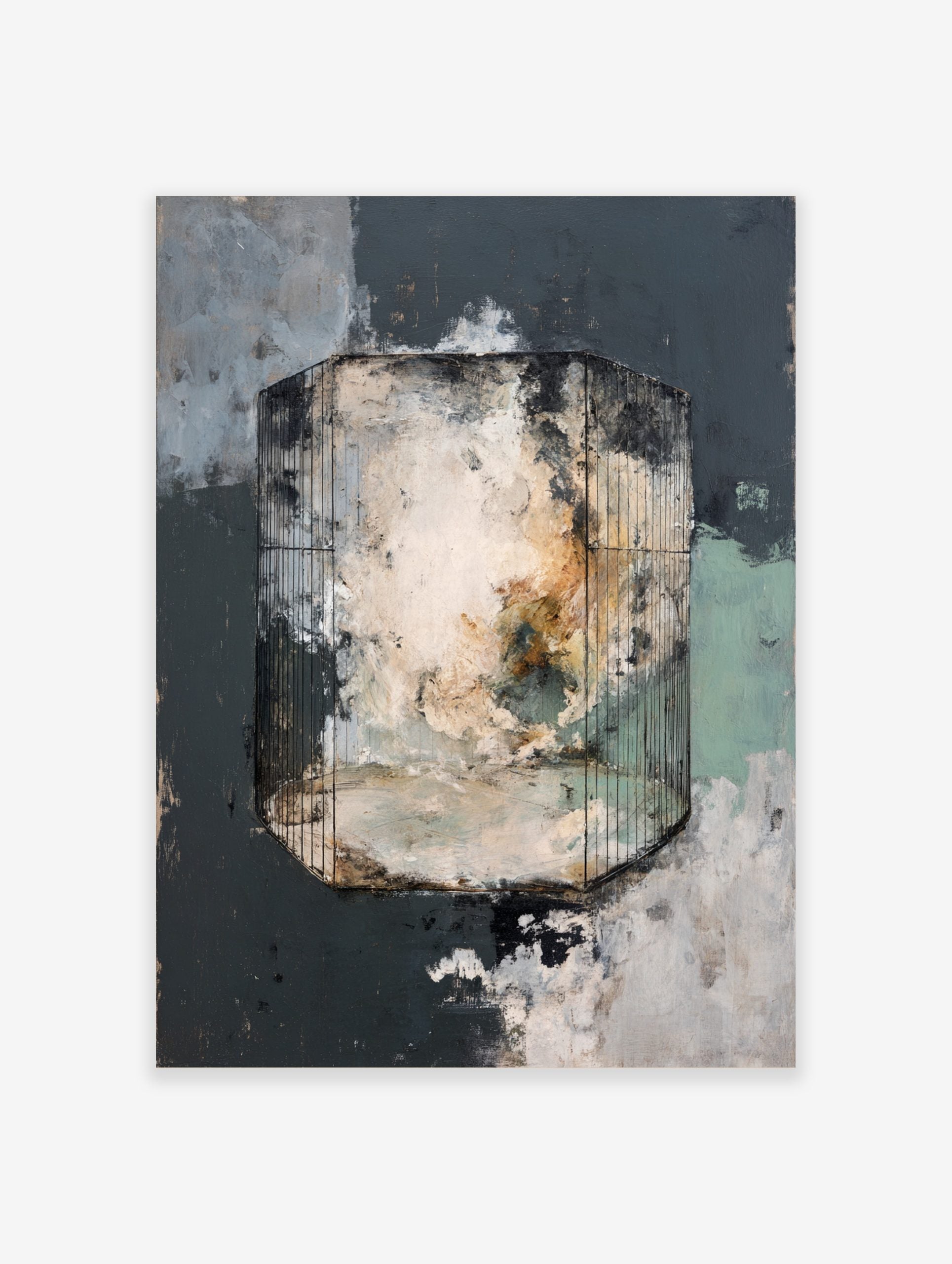 Abstract art print with a central hexagonal cage-like form filled with swirling grey, white, and green textures