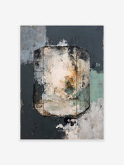 Abstract painting featuring an octagonal cage with dark bars, enclosing textured cream and green forms on a grey background