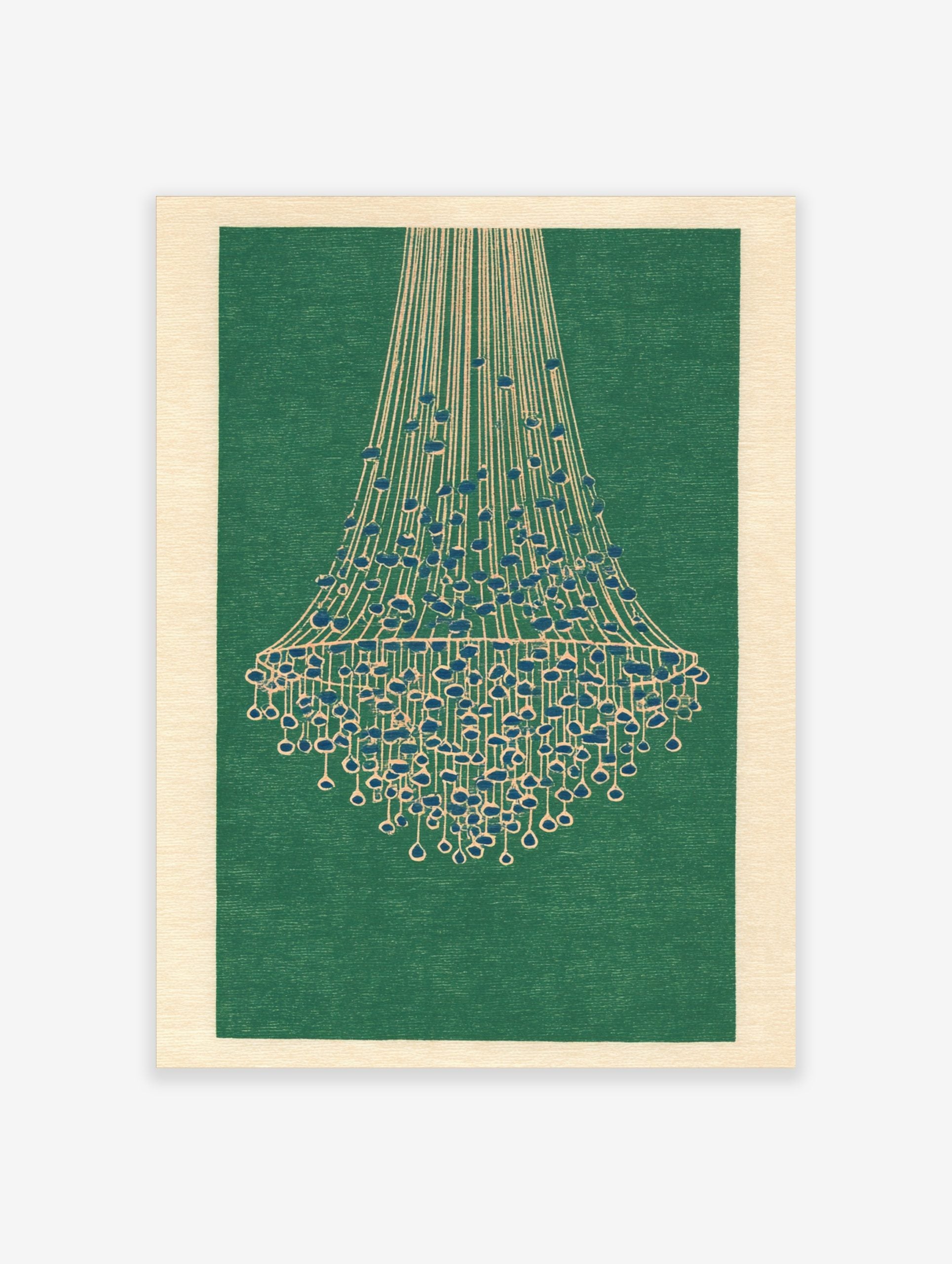 Abstract illustrative print of a chandelier-like structure with blue teardrops on beige lines against a green background
