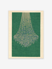Abstract illustrative print of a chandelier-like structure with blue teardrops on beige lines against a green background