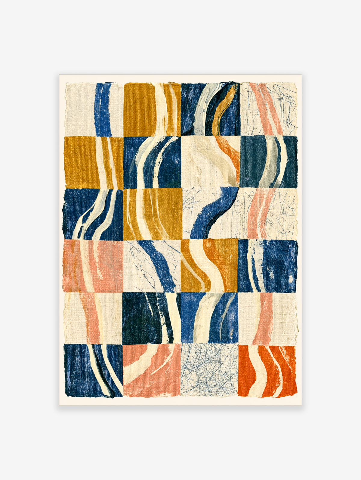 Abstract checkerboard art print with wavy cream lines and navy, mustard, coral, and cream squares