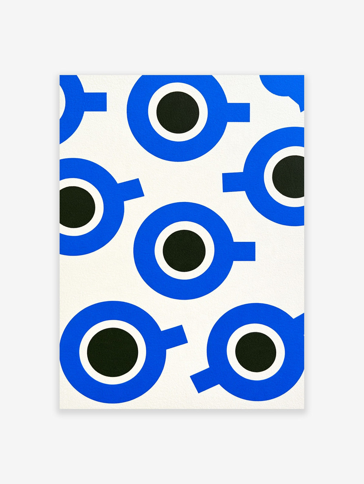 Abstract geometric art print with repeating blue circles and black centres on a white background, modern wall decor