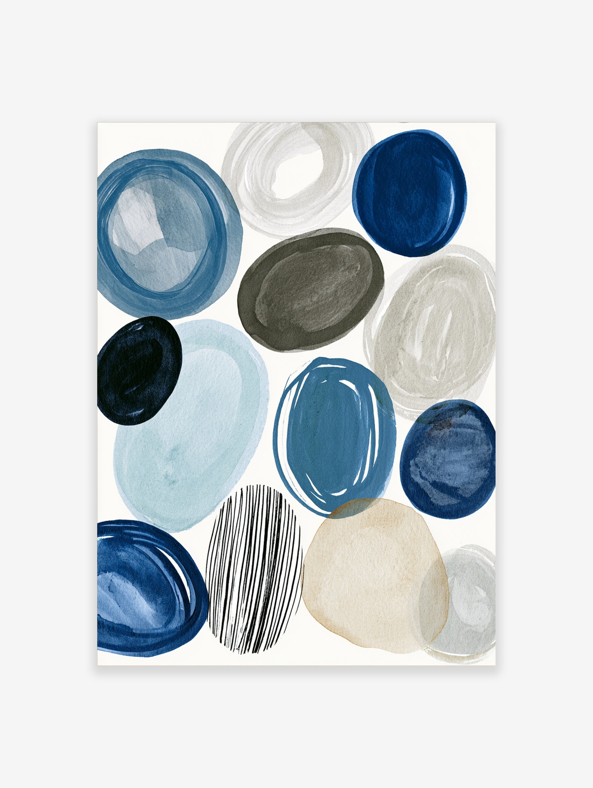 Abstract circles and ovals in blue, grey, and beige with one striped circle on a white background, modern art print