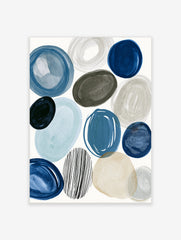 Abstract circles and ovals in blue, grey, and beige with one striped circle on a white background, modern art print