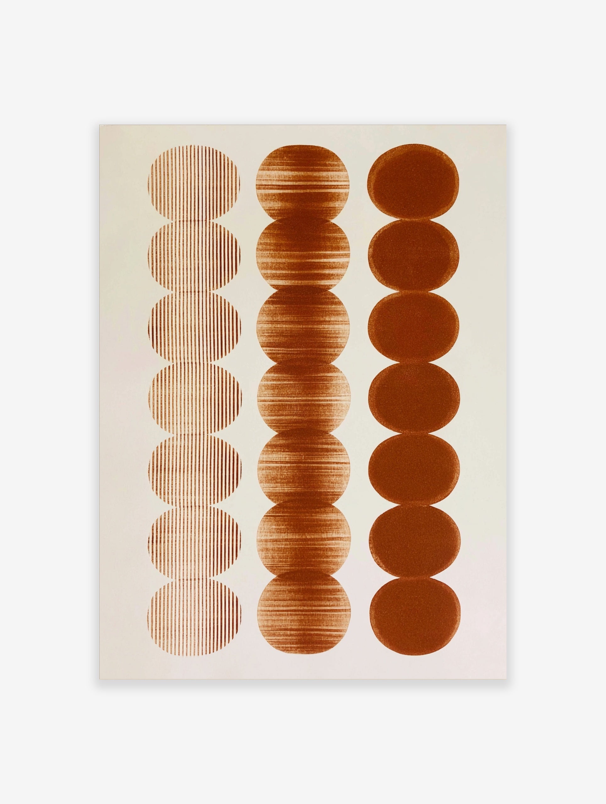 Abstract wall art print with three vertical columns of brown circles featuring vertical lines, horizontal textures, and