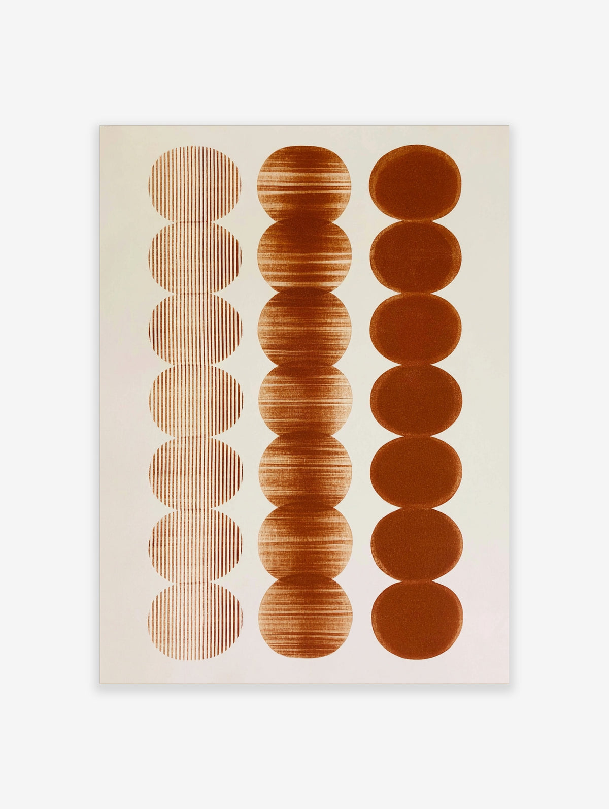 Abstract wall art print with three vertical columns of brown circles featuring vertical lines, horizontal textures, and