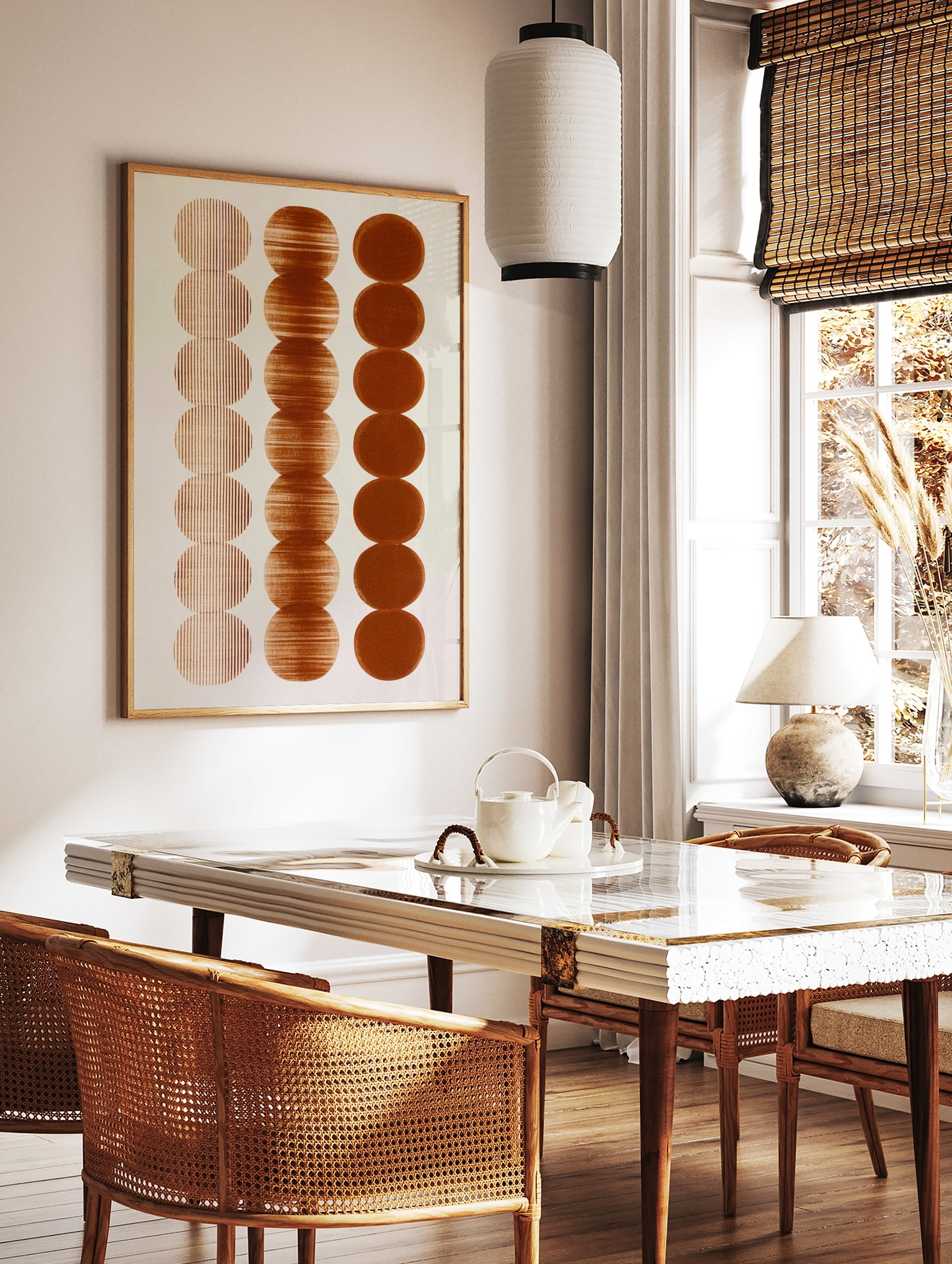 Abstract wall art print with three vertical columns of brown circles featuring vertical lines, in a styled room mockup
