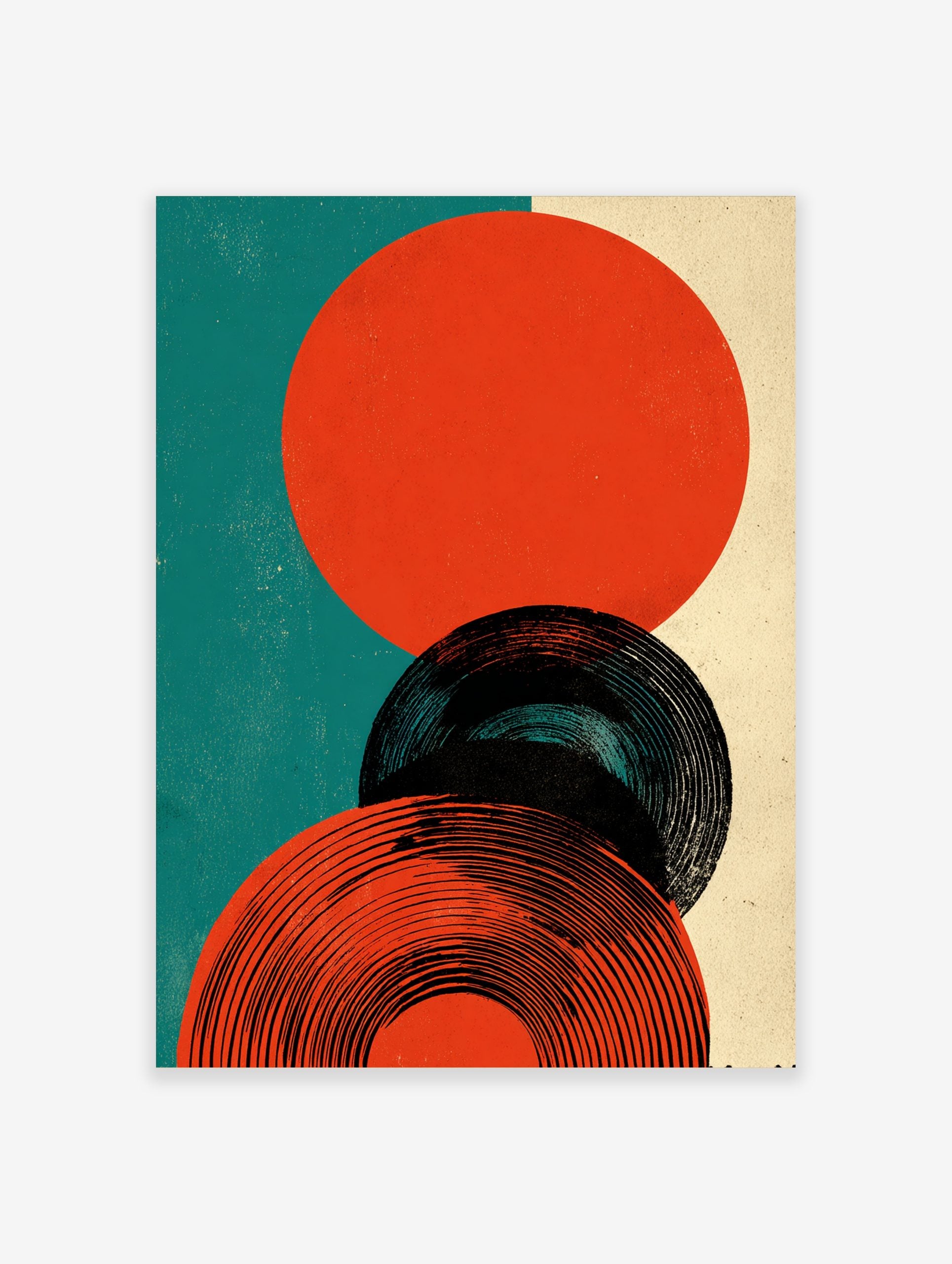 Abstract circles graphic print featuring orange-red and black concentric shapes on teal and beige background
