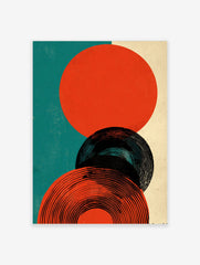 Abstract circles graphic print featuring orange-red and black concentric shapes on teal and beige background