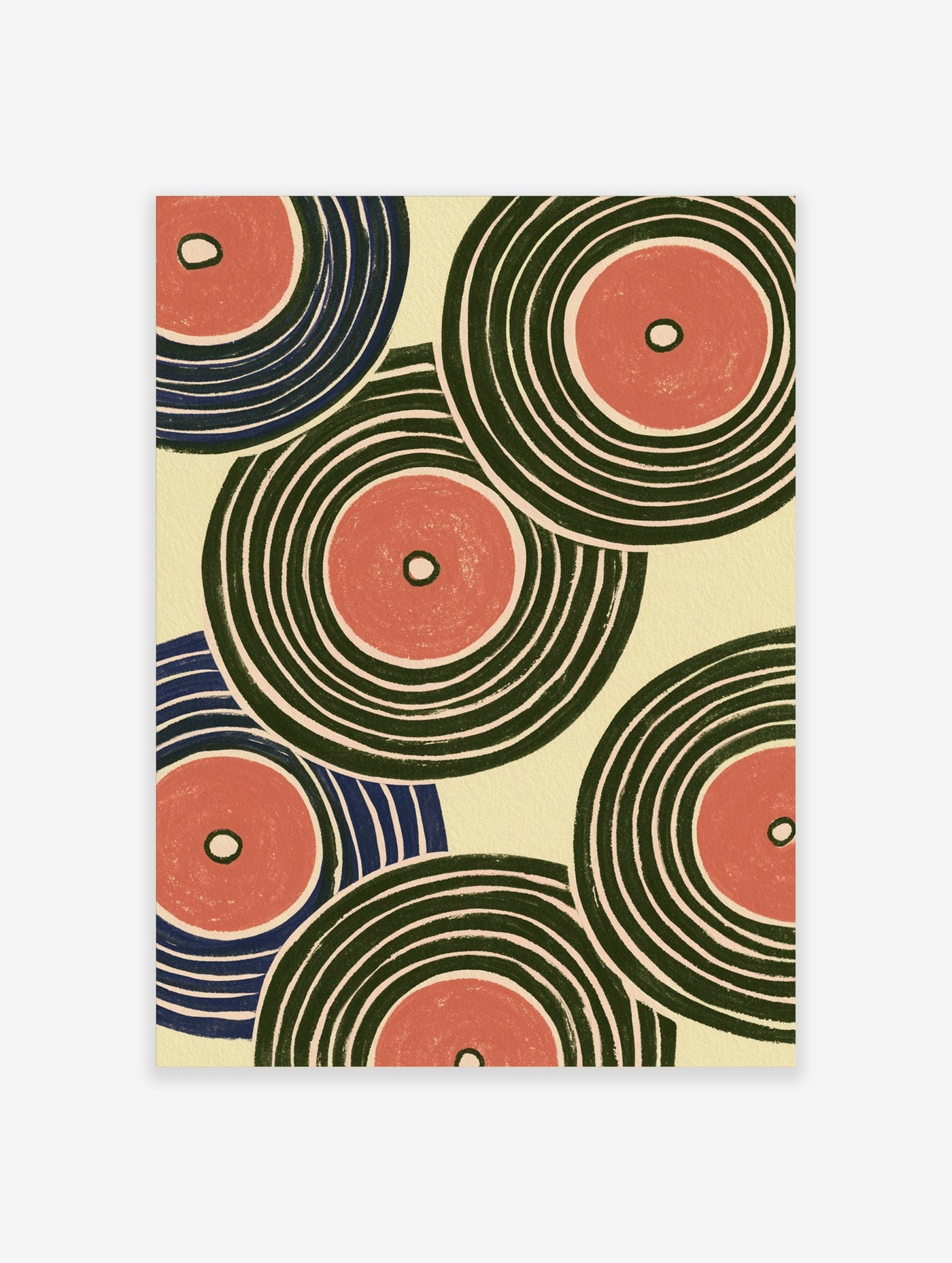 Abstract wall art print with overlapping concentric circles in green, pink, and blue on a cream background