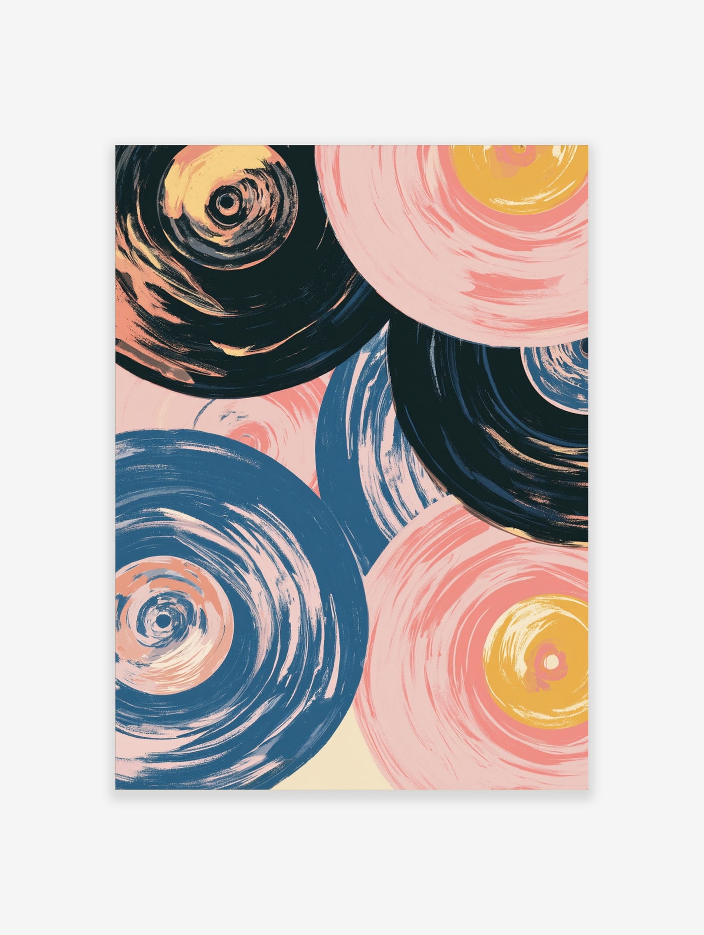 Abstract wall art featuring overlapping circular shapes with painterly brushstrokes in navy, pink, and yellow on cream