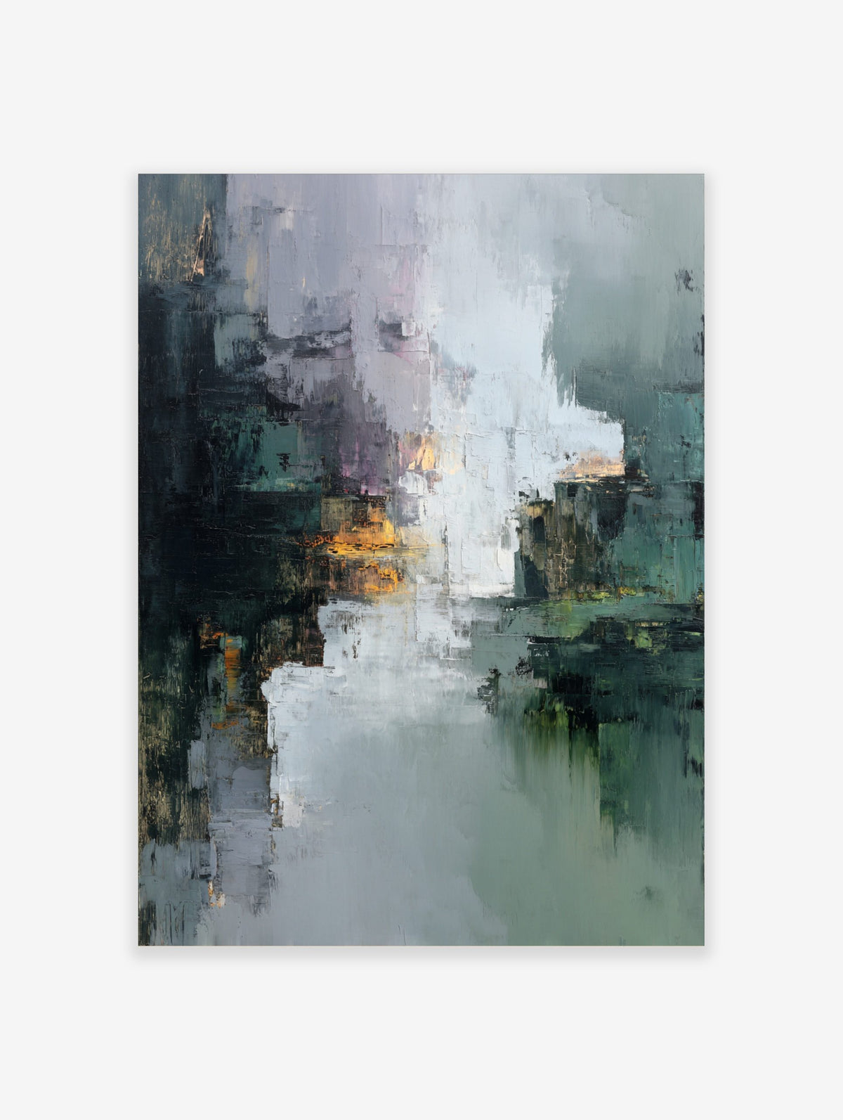 Textured abstract art print with dark green, grey, white, and orange, suggesting a reflective cityscape