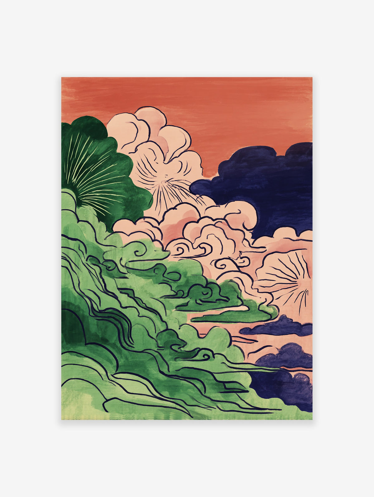 Abstract Cloud Wall Art with stylized green foliage, pink, blue, and dark clouds against an orange sky background.