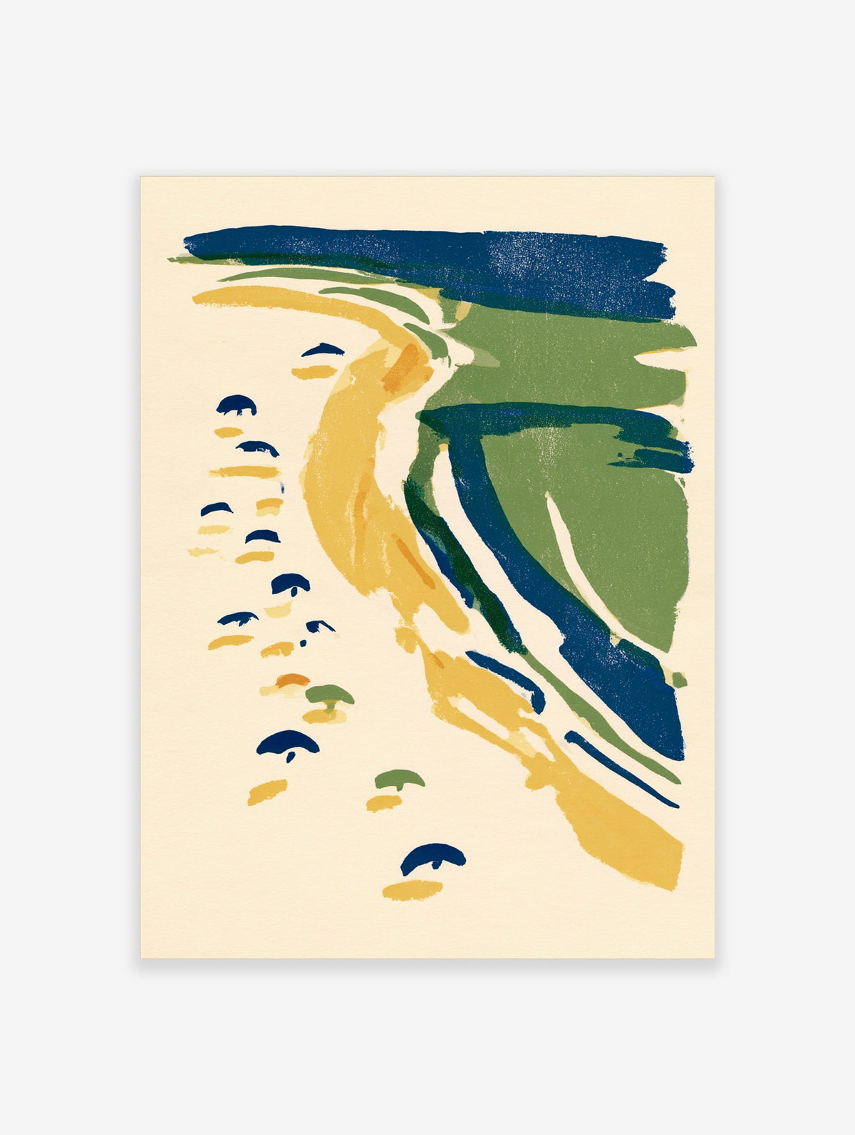 Abstract coastal art print with yellow sand, blue sea, green shoreline and dark blue beach umbrellas on cream