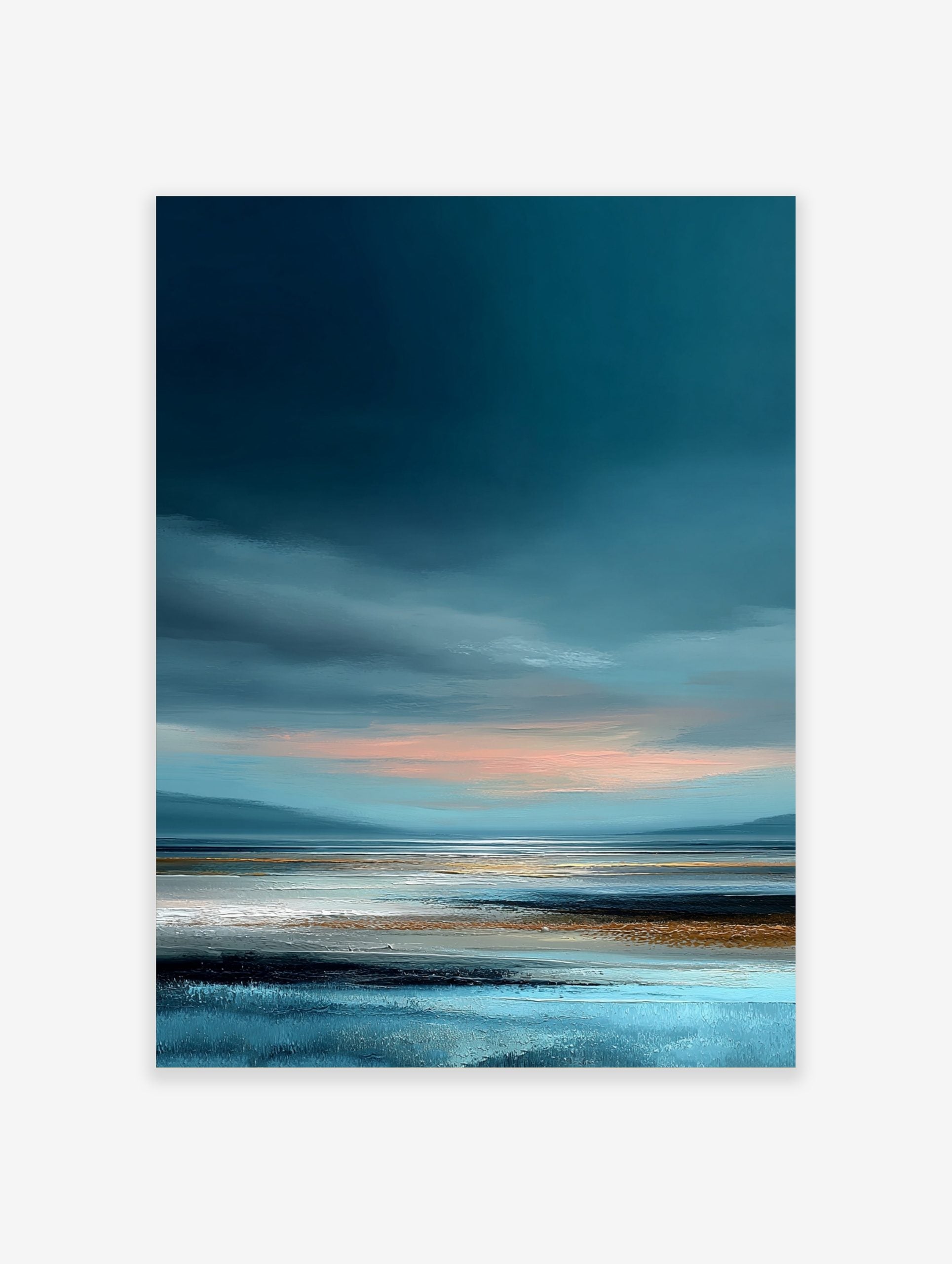 Abstract coastal landscape painting with dark blue sky, pink horizon, and textured blue, white, gold shore