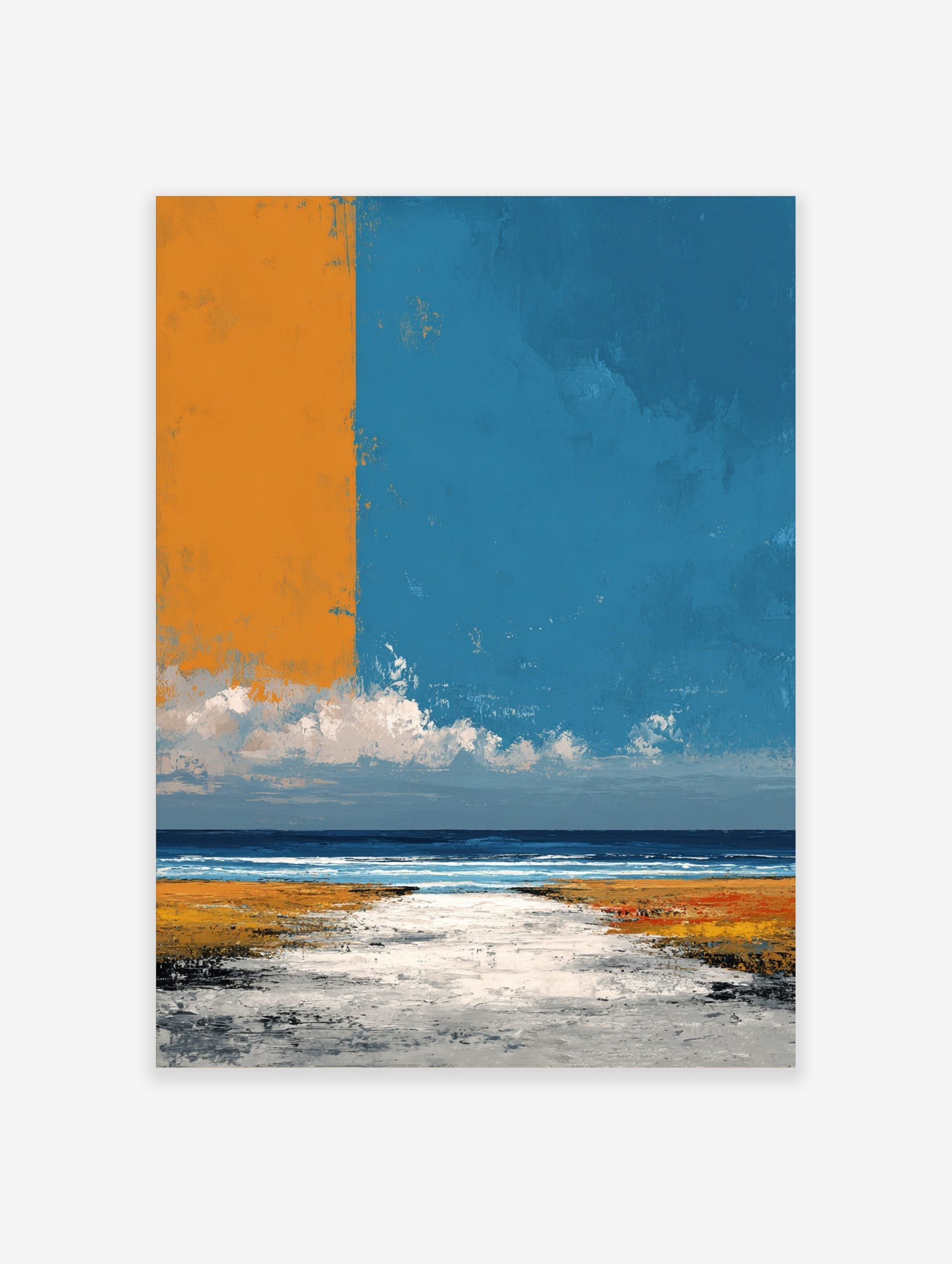 Abstract coastal landscape art print with orange and blue sky over a textured beach and ocean