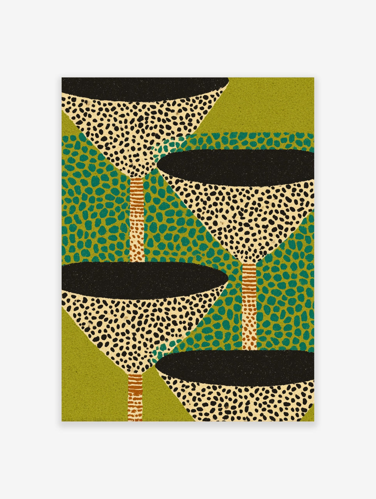 Abstract repeating pattern of stylised cocktail glasses in speckled cream, black, and teal green on olive background