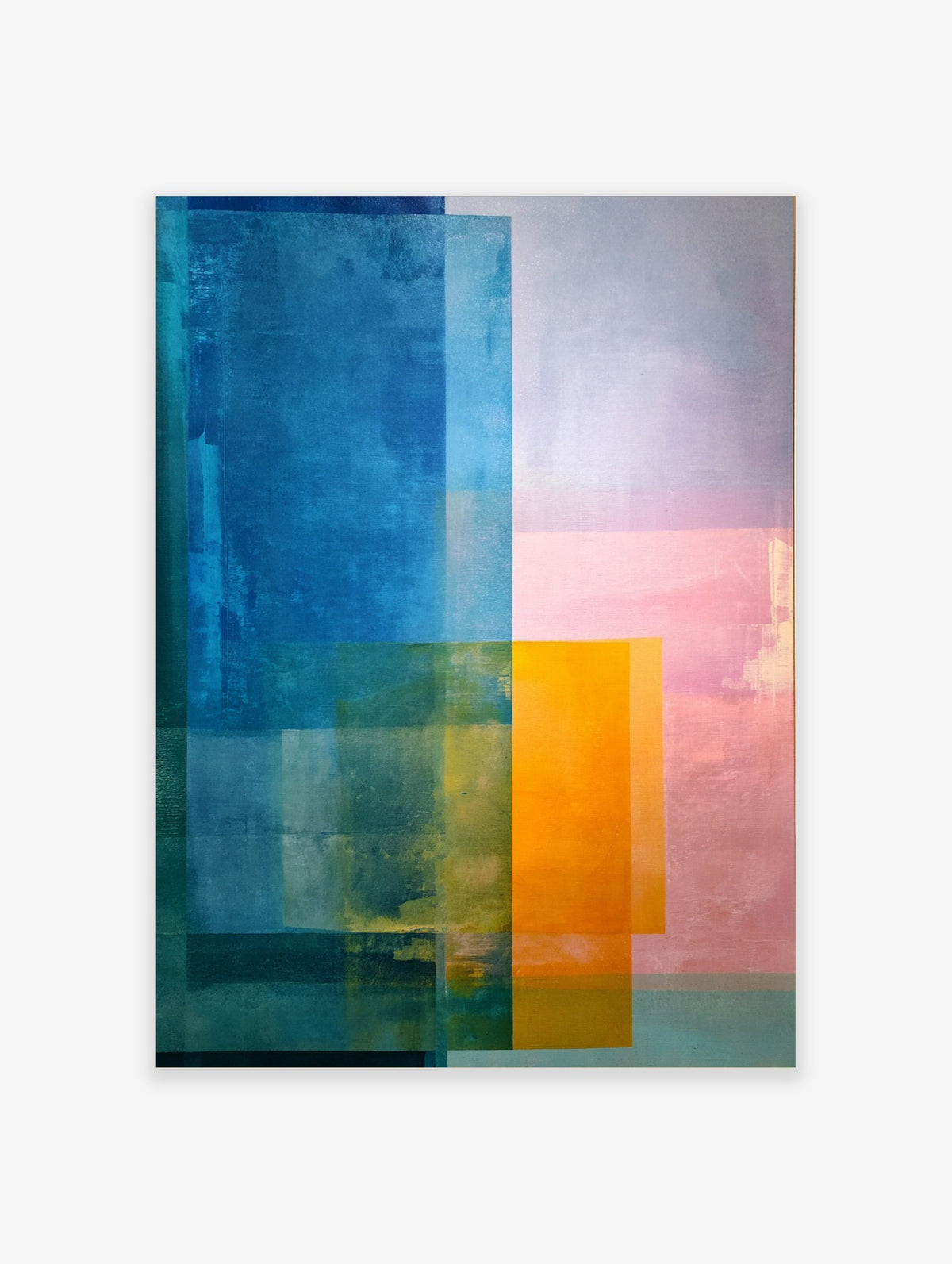 Abstract colour block art print with overlapping rectangles in blue, orange, and pink hues, modern style