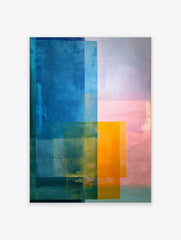 Abstract colour block art print with overlapping rectangles in blue, orange, and pink hues, modern style
