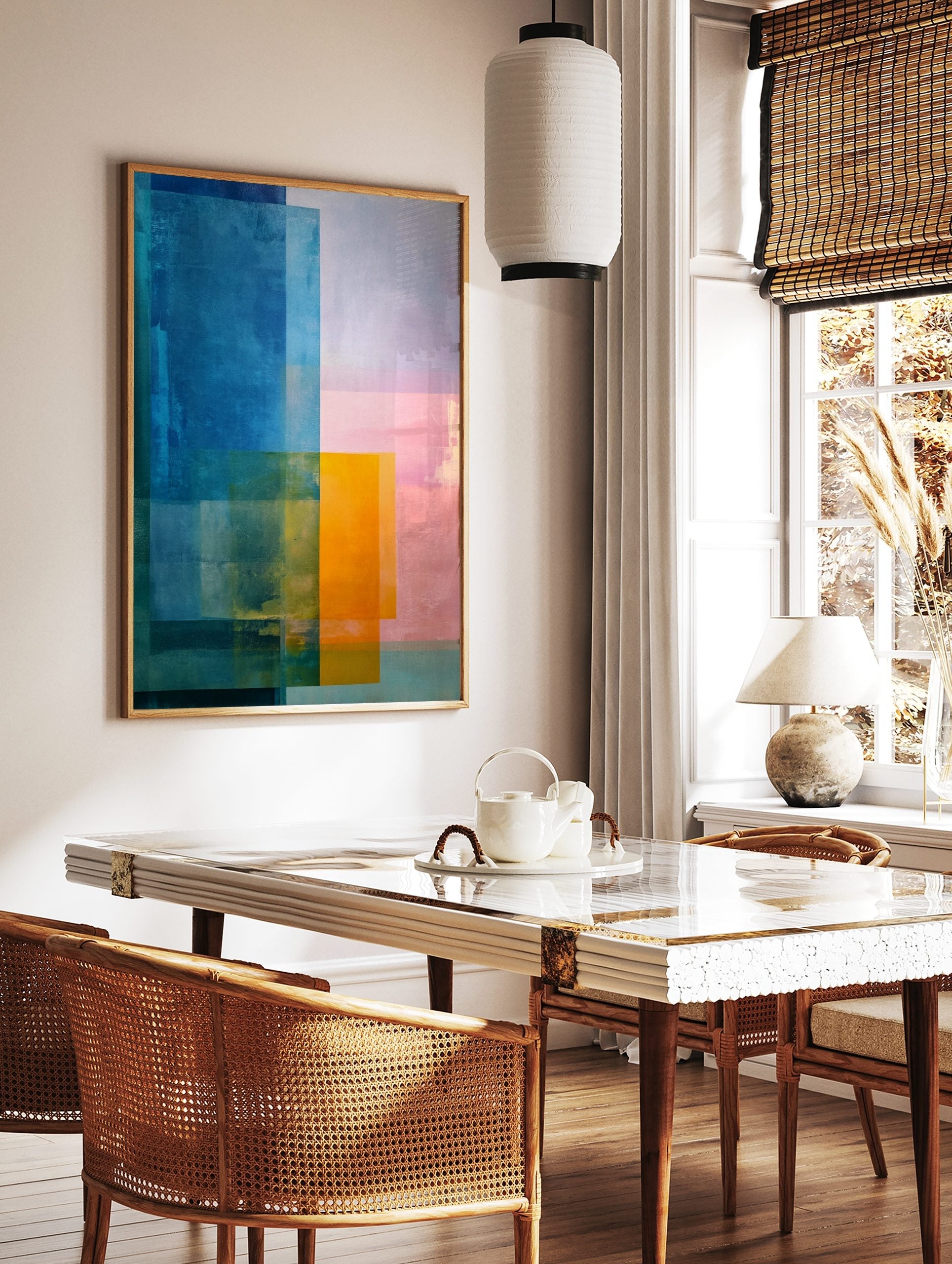 Abstract colour block art print with overlapping rectangles in blue, orange, and pink hues, modern, in a styled room mockup