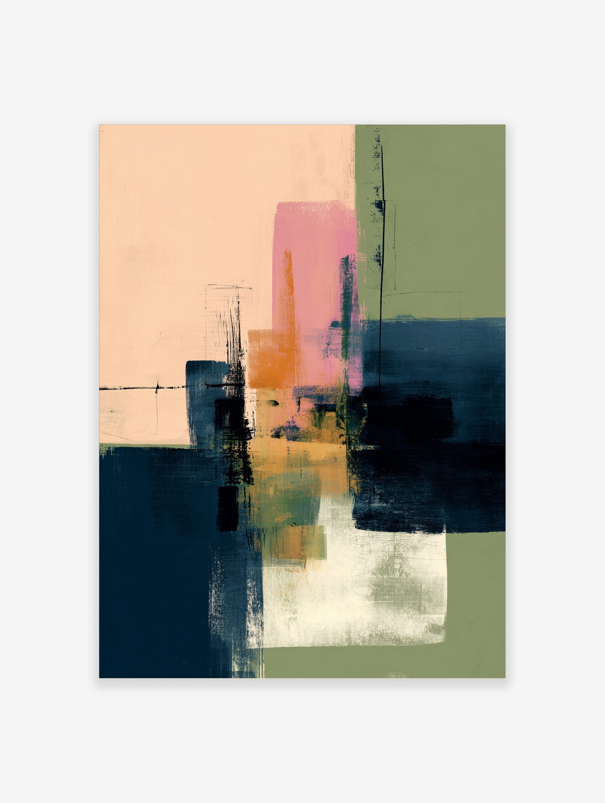 Abstract art print with layered blocks of pink, navy blue, green, and orange with visible brushstrokes