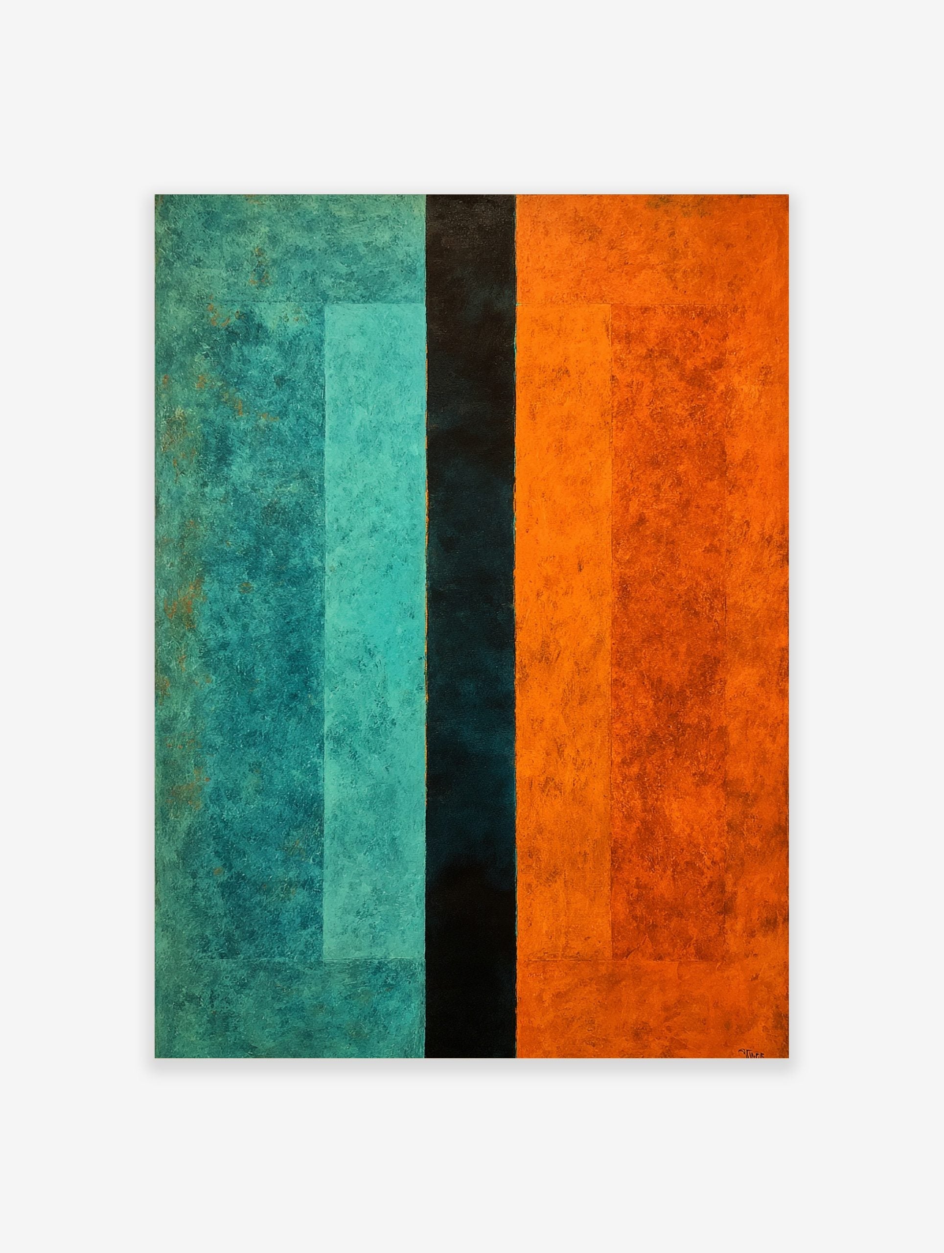 Abstract art print with vertical colour blocks in teal, dark teal, and orange with a textured finish