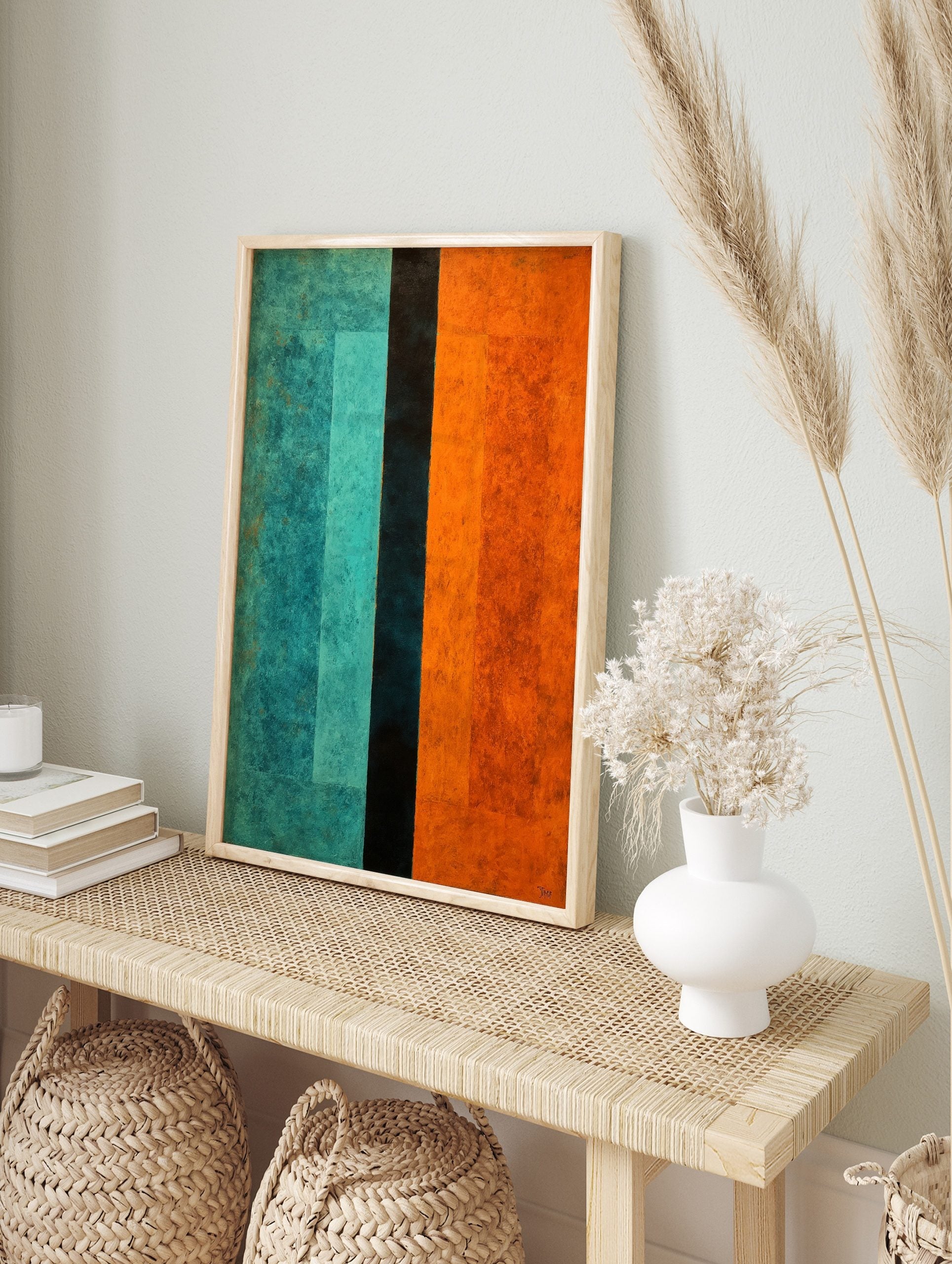 Abstract art print with vertical colour blocks in teal, dark teal, and orange with a textured, in an alternate framed mockup