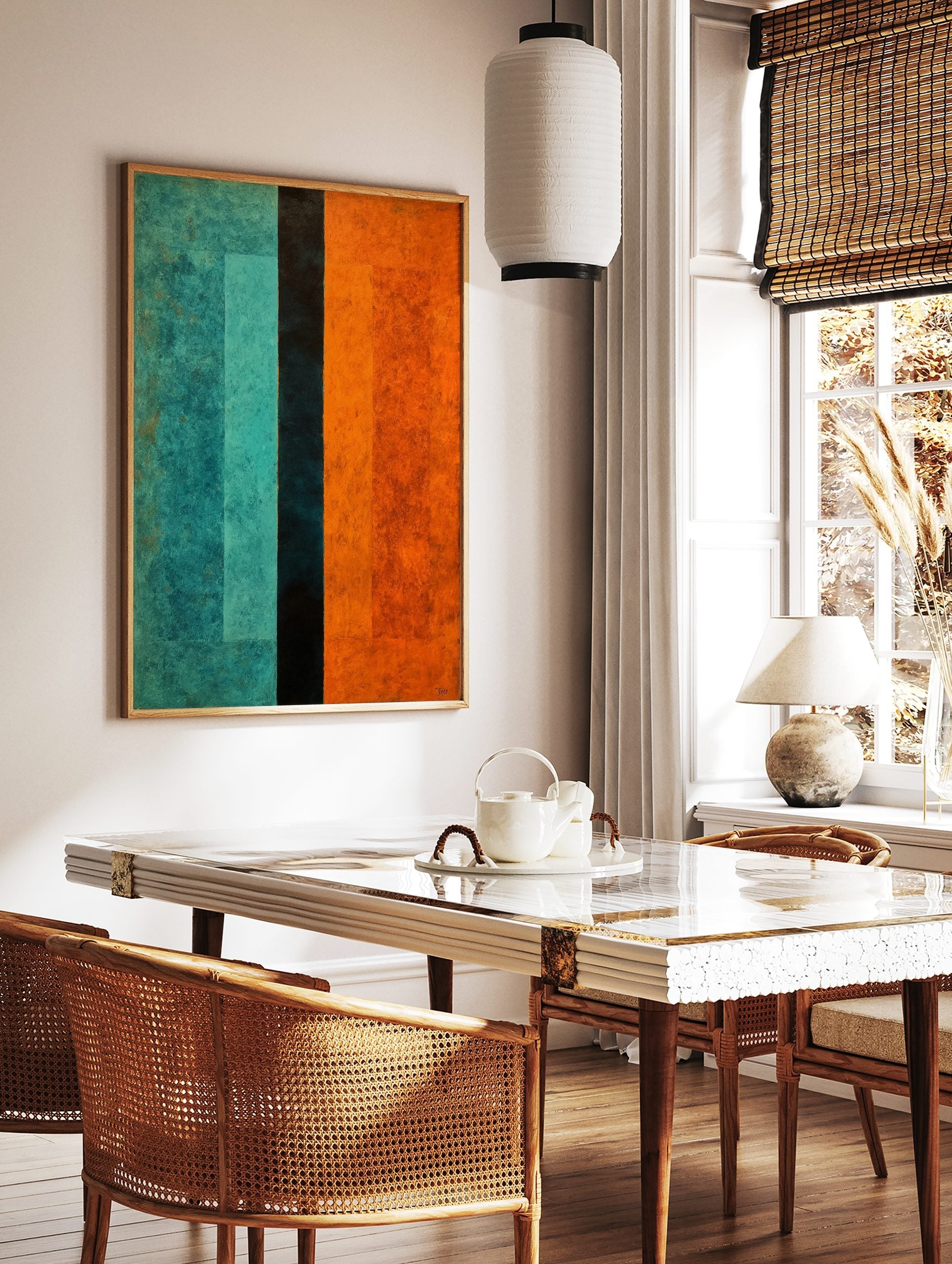 Abstract art print with vertical colour blocks in teal, dark teal, and orange with a textured finish, in a styled room mockup