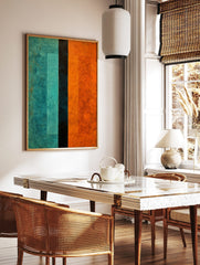 Abstract art print with vertical colour blocks in teal, dark teal, and orange with a textured finish, in a styled room mockup