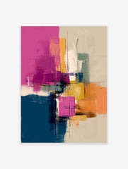 Abstract art print with fuchsia, navy, orange, yellow colour blocks and fine black and white lines
