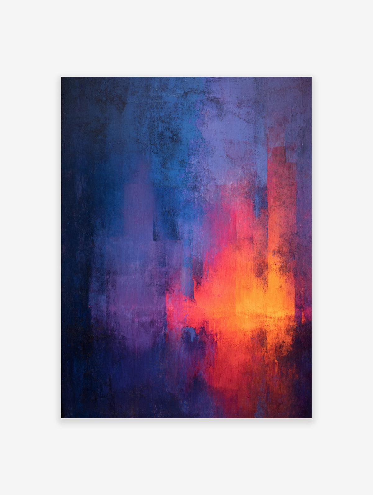 Abstract art print with a textured gradient from dark blue and purple to bright red and orange