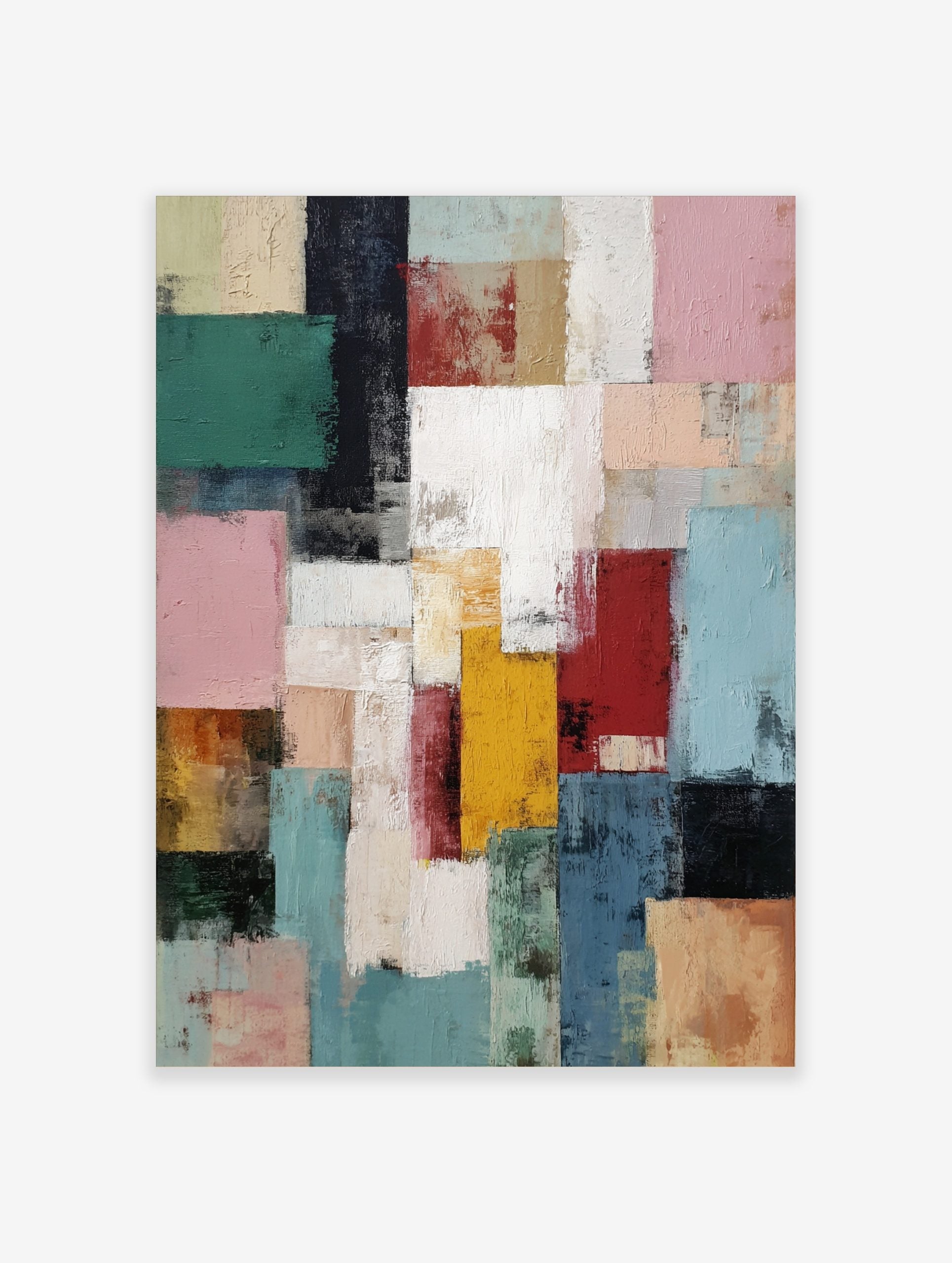 Abstract art print with textured rectangular blocks in red, blue, green, pink, yellow, and white
