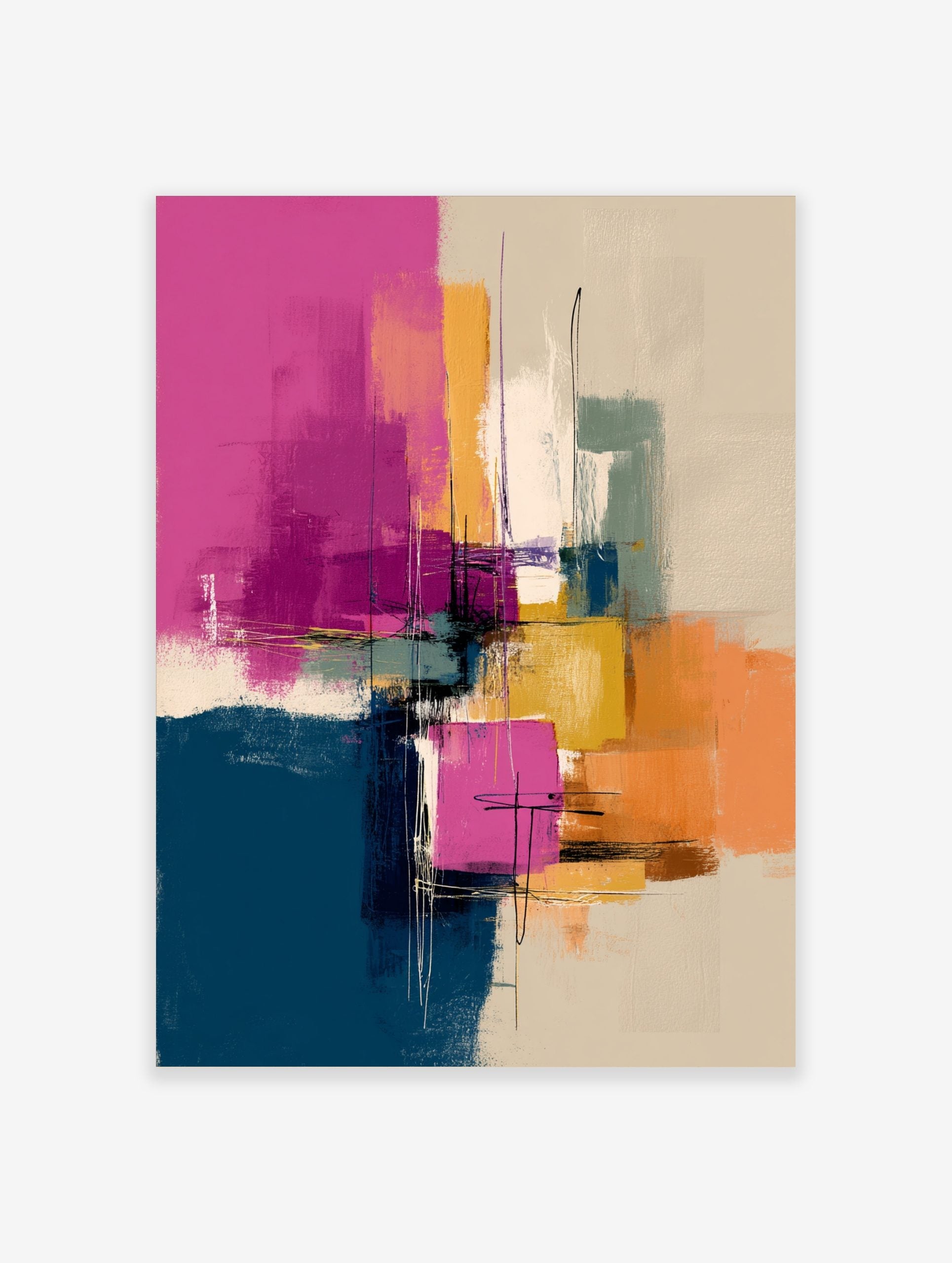 Abstract art print with pink, blue, yellow, orange brushstrokes and fine lines on a neutral background