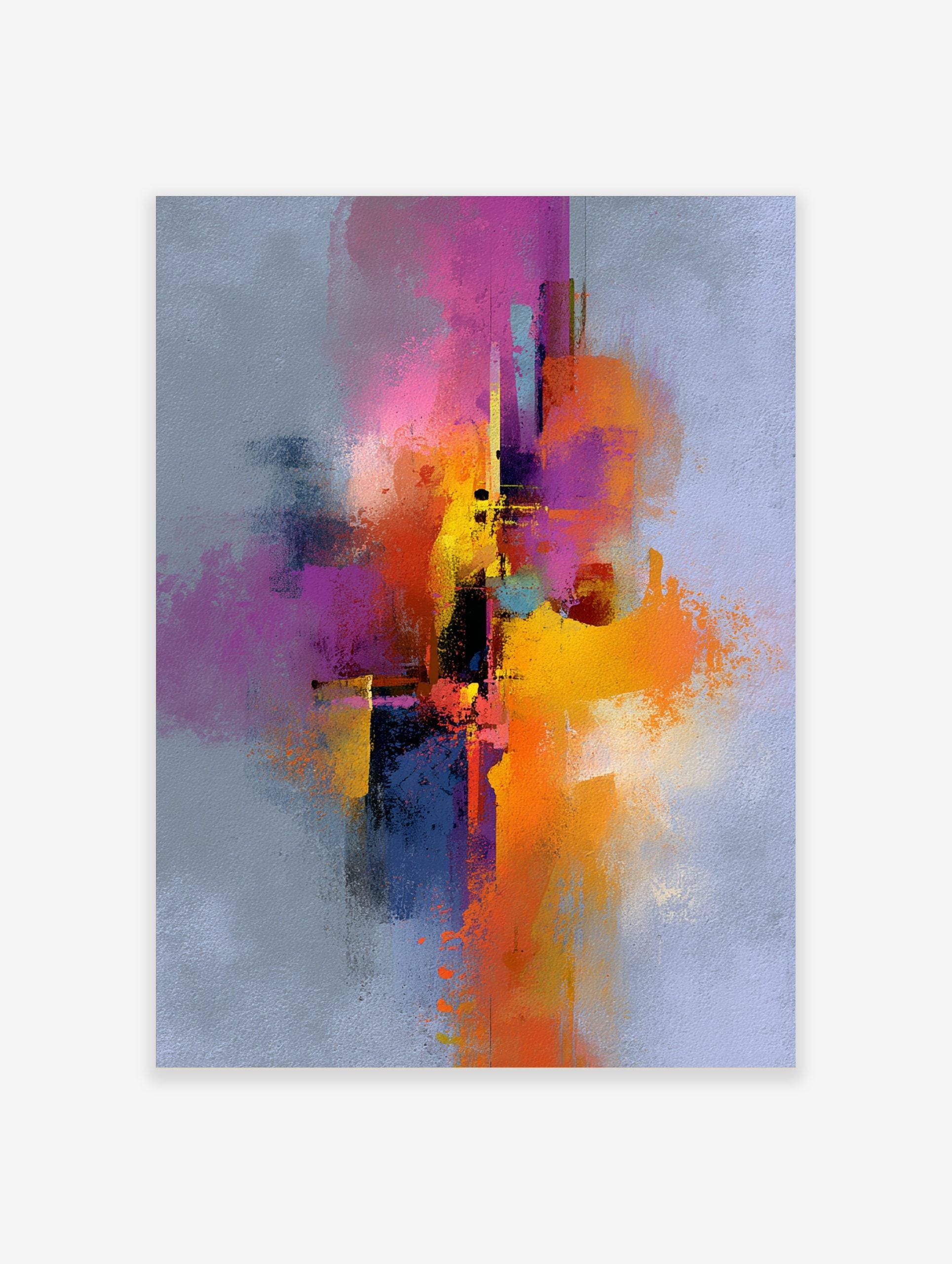 Abstract art print with vibrant pink, orange, yellow, and purple paint splashes on a grey background in a vertical