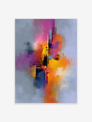 Abstract art print with vibrant pink, orange, yellow, and purple paint splashes on a grey background in a vertical