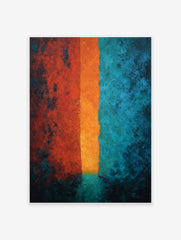 Textured abstract art print with three vertical bands in red, bright orange, and deep teal colours
