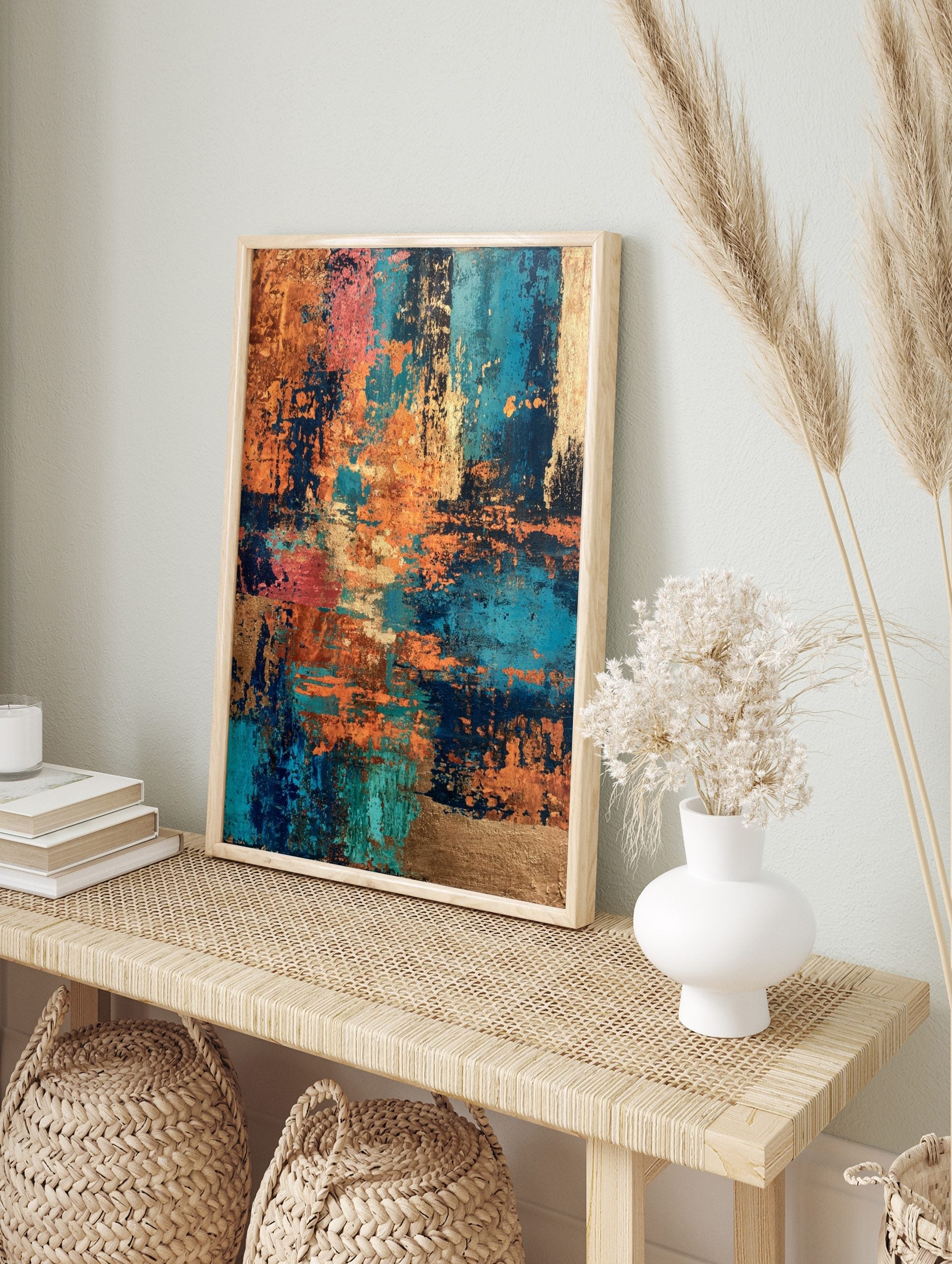 Abstract art print with distressed copper, teal, navy, and coral textures, creating a modern, in an alternate framed mockup